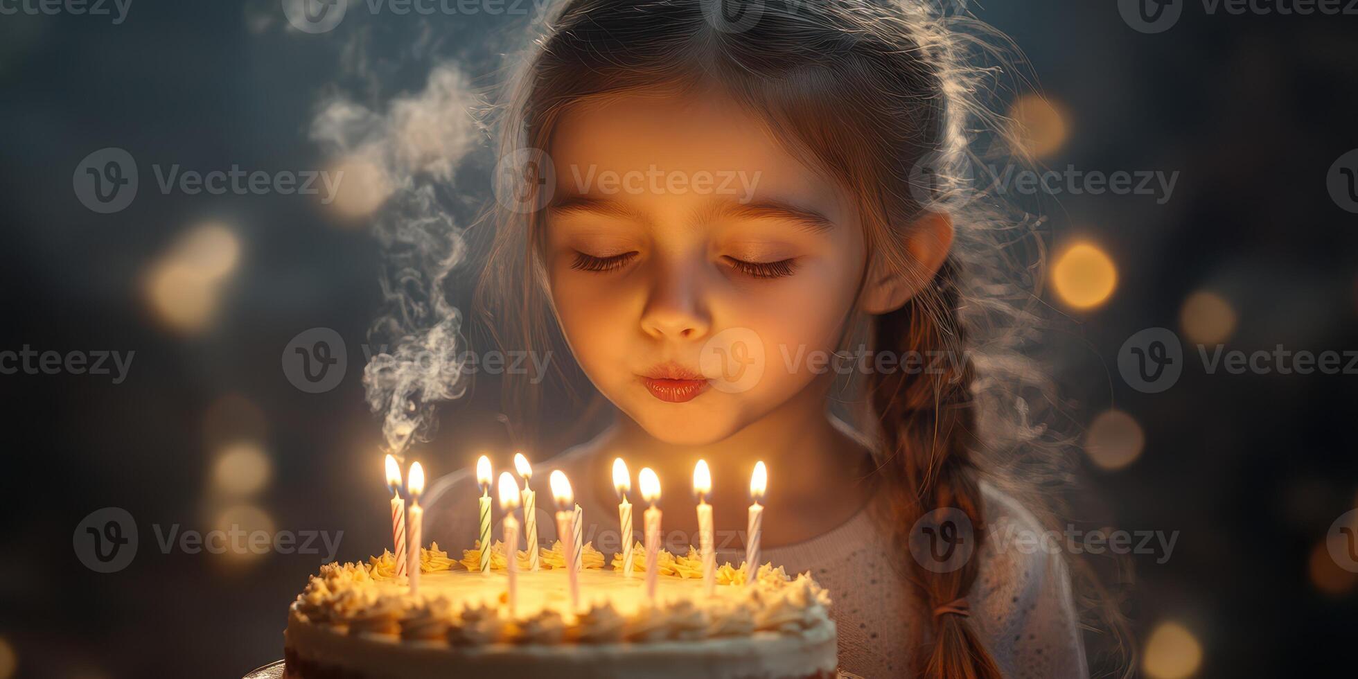 Young girl blows out candles on birthday cake surrounded by soft lights in a cozy indoor setting during a nighttime celebration photo