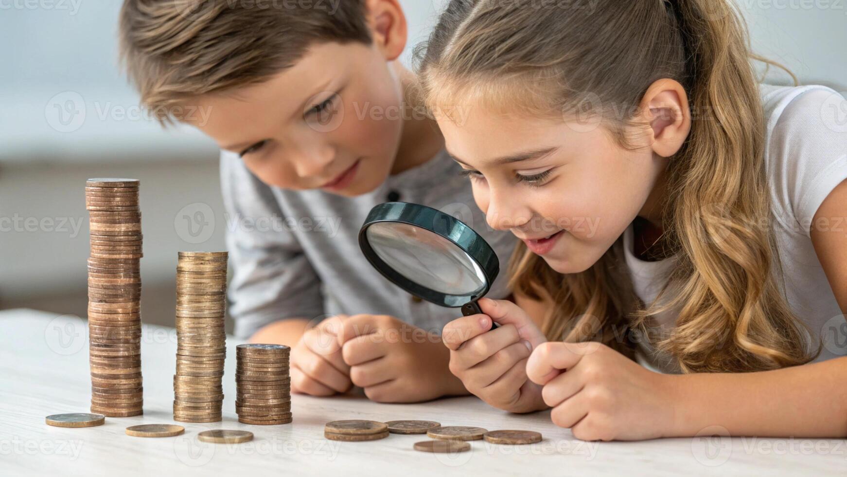 Boys and girls looking at coins with magnifying glass to learn about saving money photo