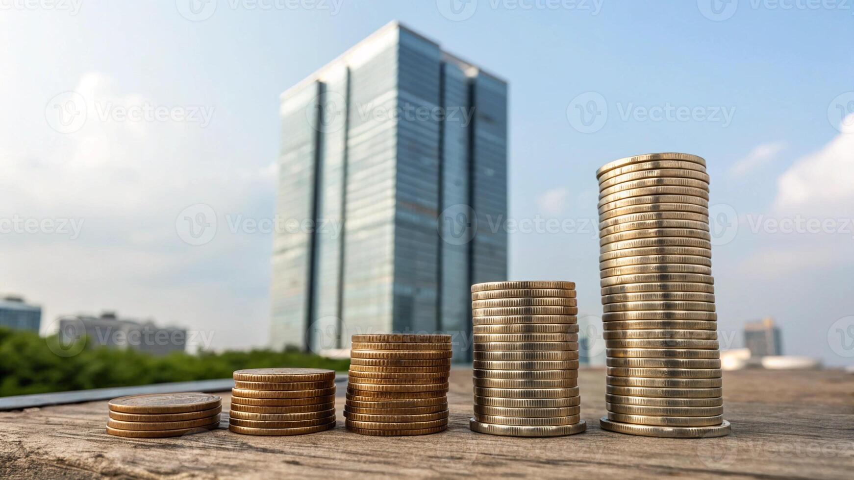coin is placed in a row, the number of trees grows along the graph line, meaning the building is growing and the economy is prosperous. photo