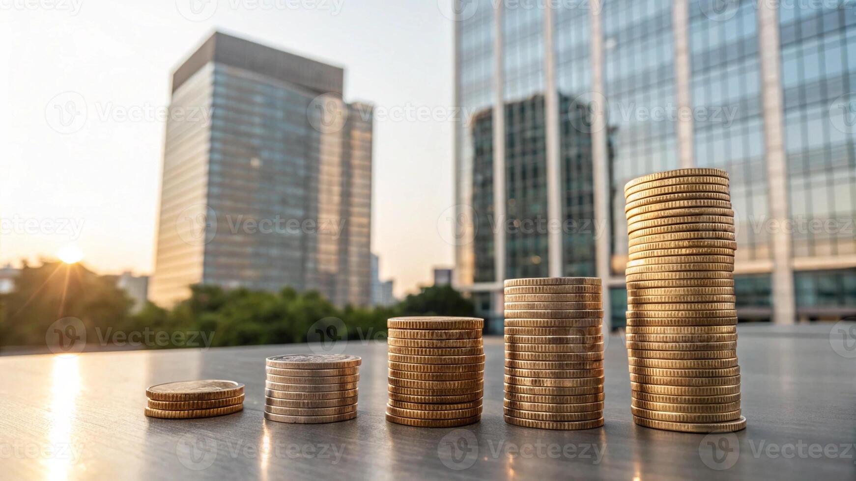 coins on a table in front of a building photo