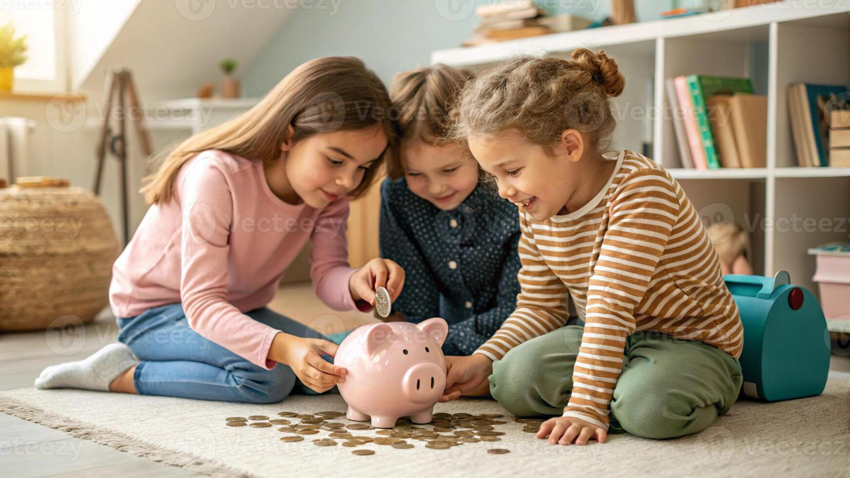 Saving money in Piggy bank Children learn to save photo