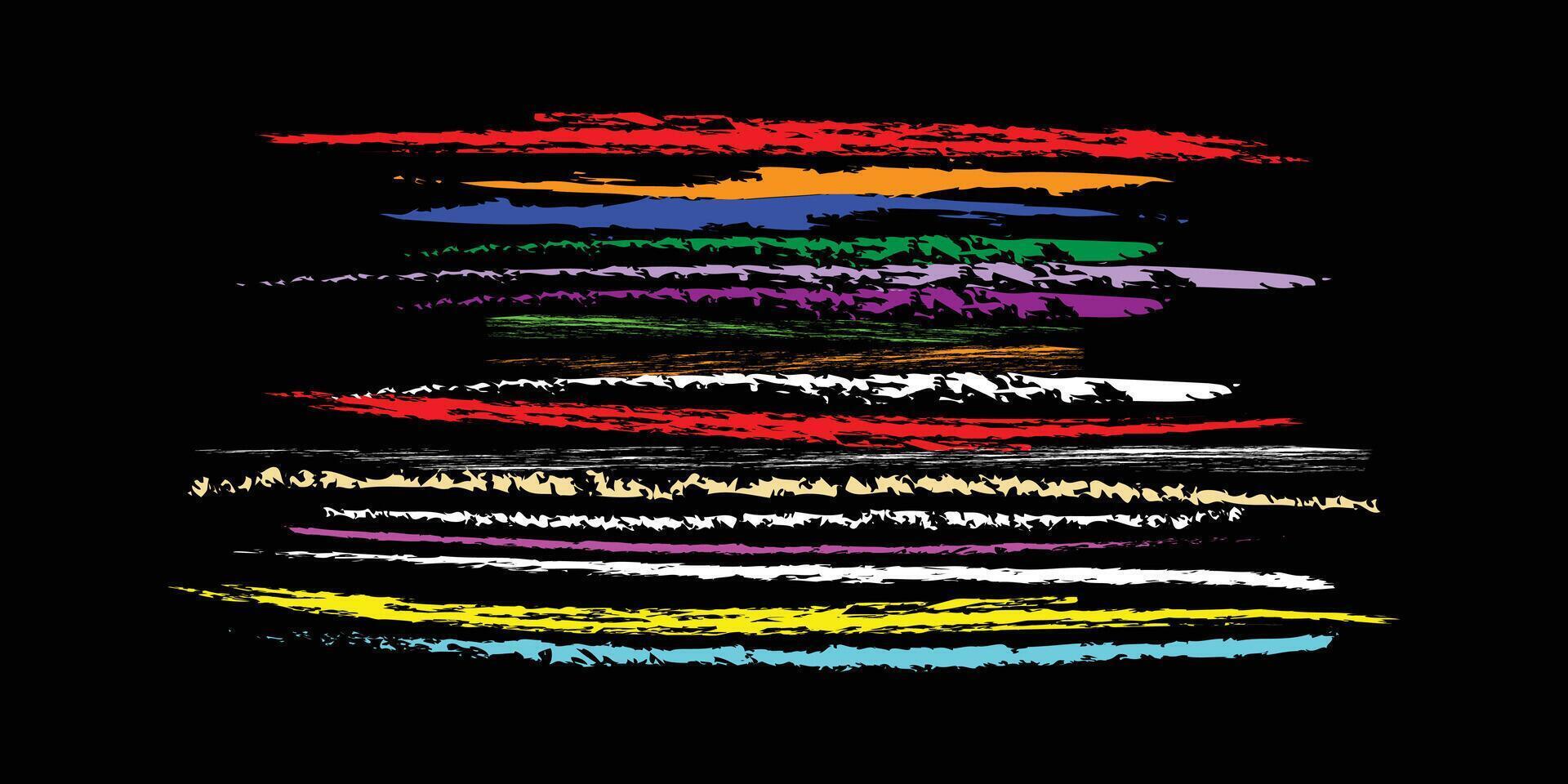Abstract chalk strokes grunge textured, horizontal colorful brush strokes in white on black background. vector