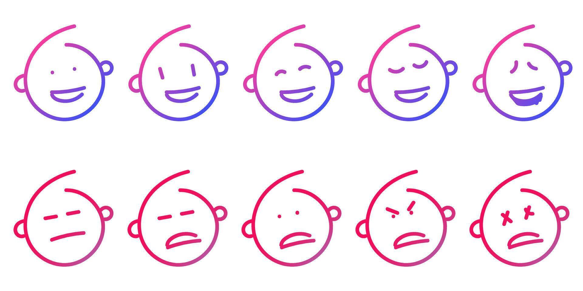 Set of outline emoticon face icons. Black line emoji collection, ideal for messaging, social media, or communication themes. vector