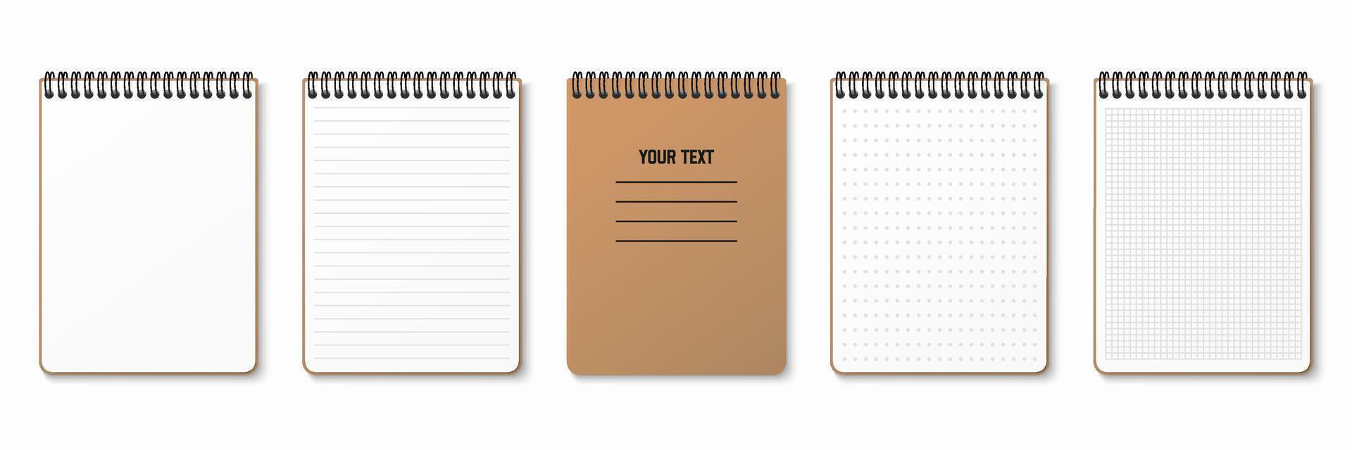 Lined, gridded and dotted sheets. Realistic notepad. Blank sheets of notebook with grid for homework and exercises. Horizontal spiral. Creative illustration mock up diary. vector