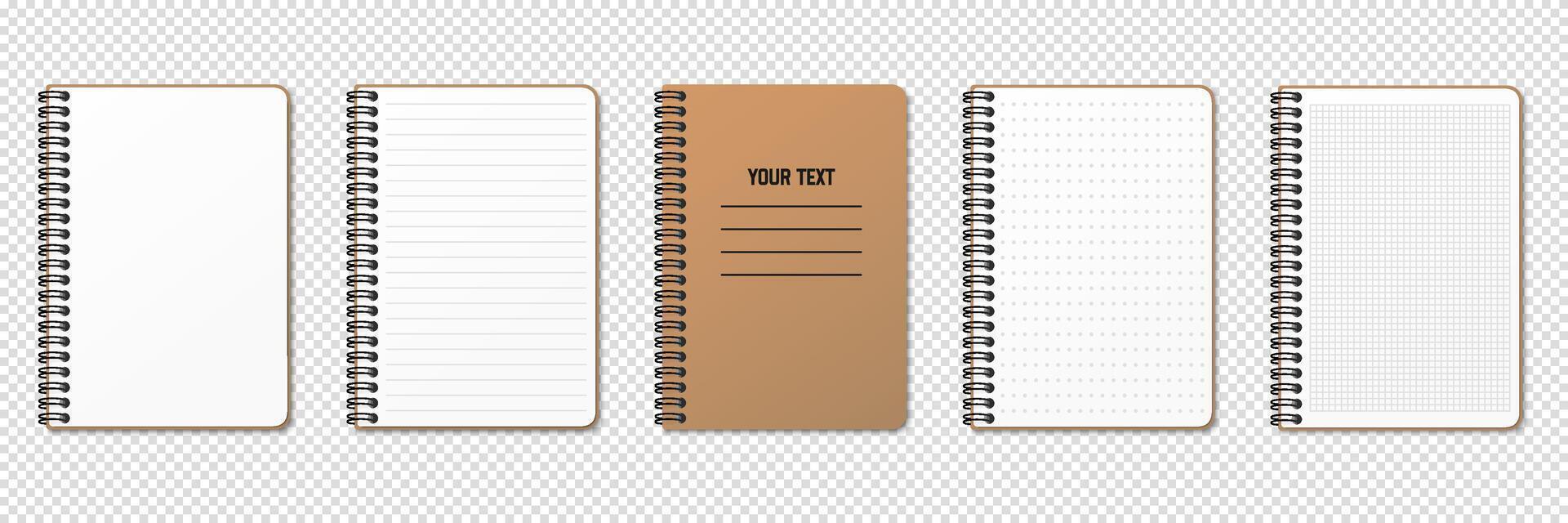 Realistic notepad. Lined, gridded and dotted sheets. Blank sheets of notebook with grid for homework and exercises. Vertical spiral. Creative illustration mock up diary. vector