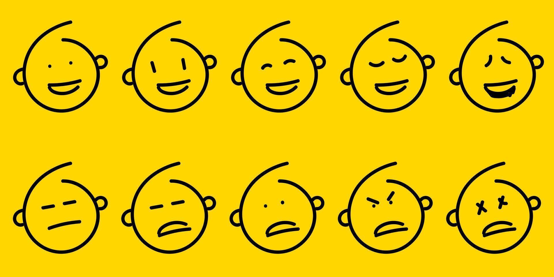 Collection of black line emoticon face icons. Great for messaging, communication, or social media projects. vector