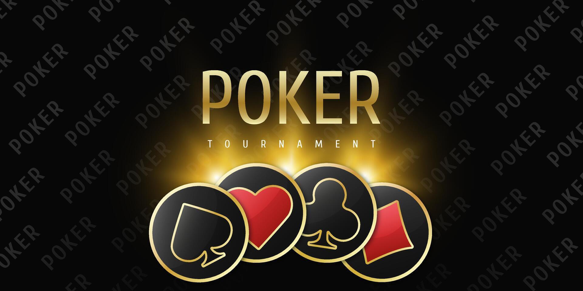 Poker logo with playing card suits and token chips. Clubs, diamonds, spades, hearts on a black background, ideal for tournament or casino designs. vector