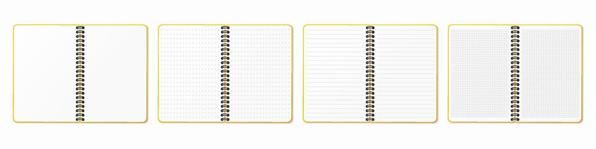 Vertical spiral. Lined, gridded and dotted sheets. Blank sheets of notebook with grid for homework and exercises. Creative illustration mock up diary. Realistic notepad. vector