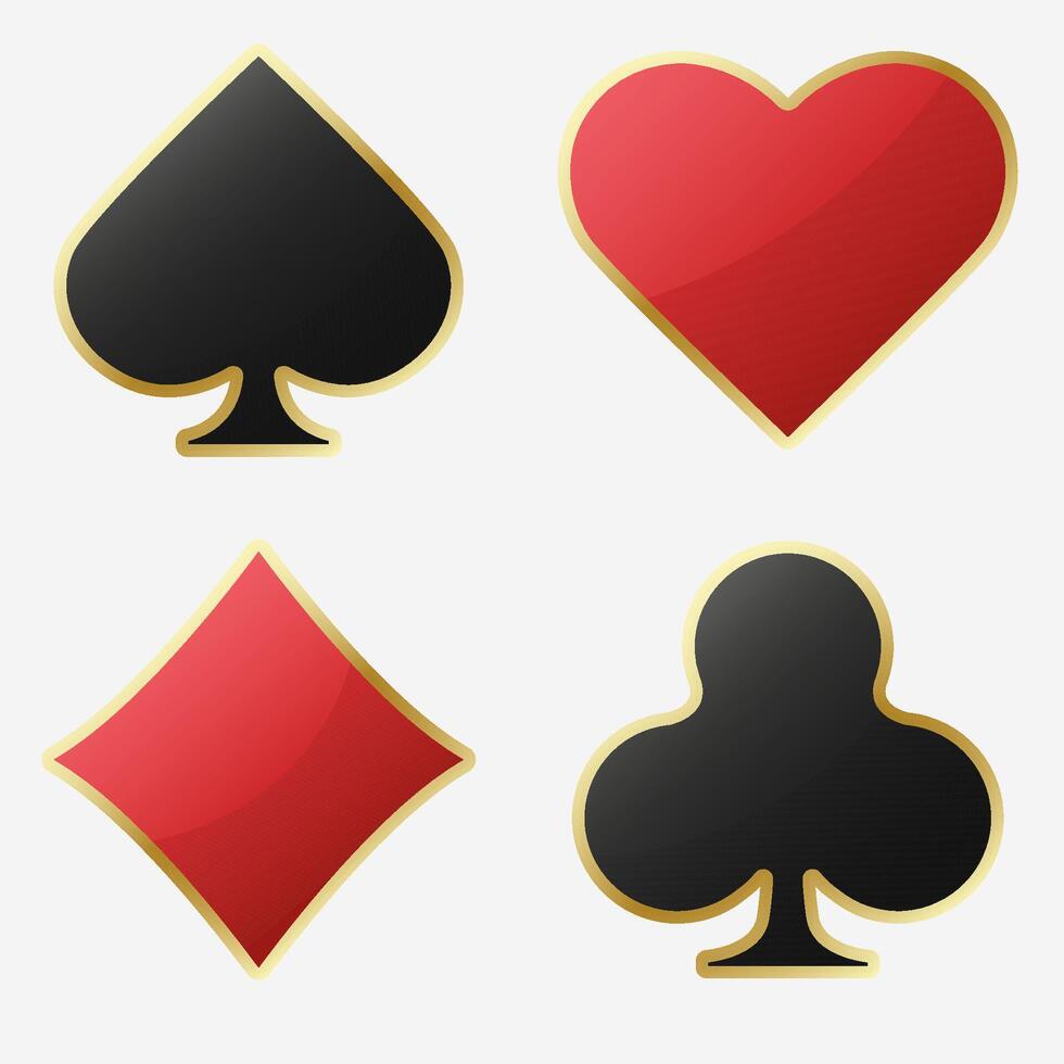 Playing card suits, chips, and tokens set for gambling symbols. Hearts, clubs, diamonds, and spades, ideal for poker or casino designs. vector