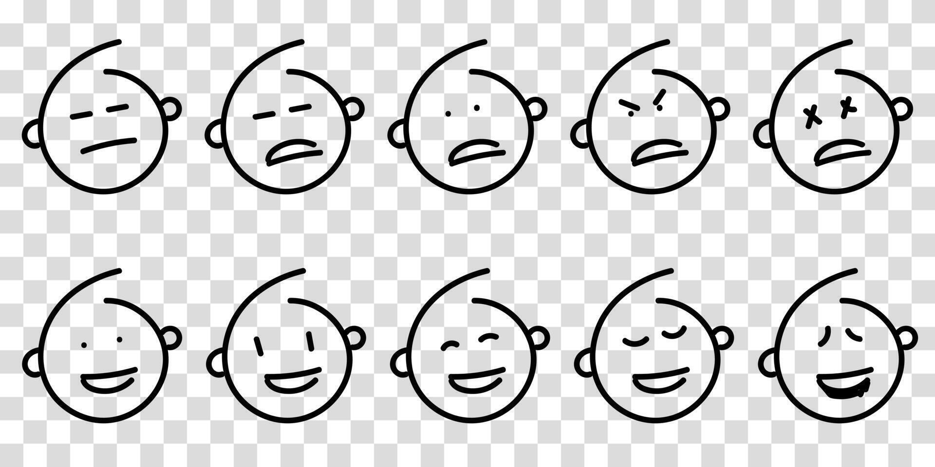 Outline emoticon face icons in black line style. Perfect for emoji, chat, or social media designs. vector