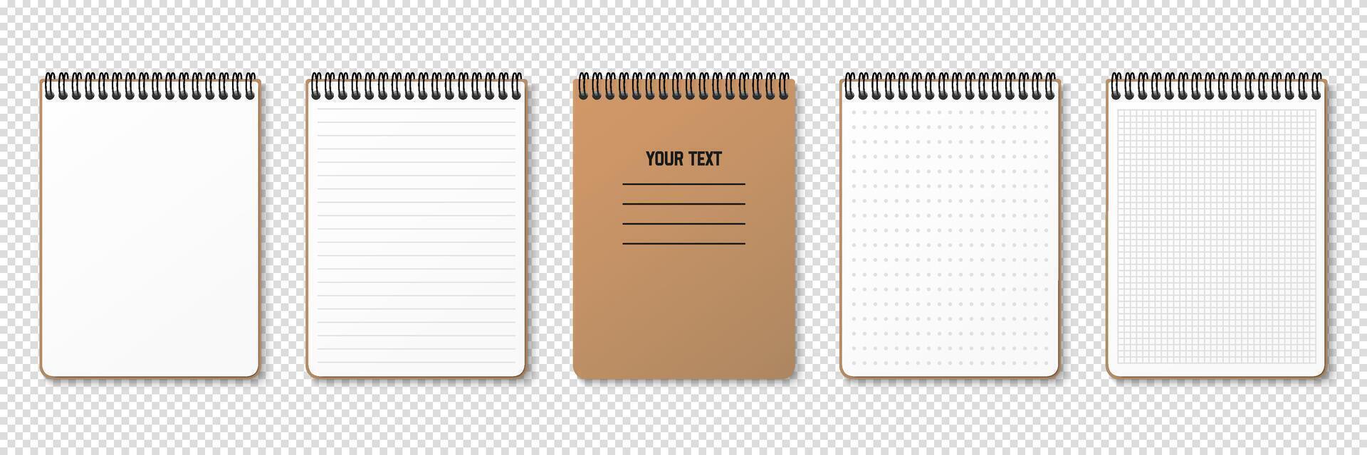 Realistic notepad. Lined, gridded and dotted sheets. Blank sheets of notebook with grid for homework and exercises. Creative illustration mock up diary. Horizontal spiral. vector