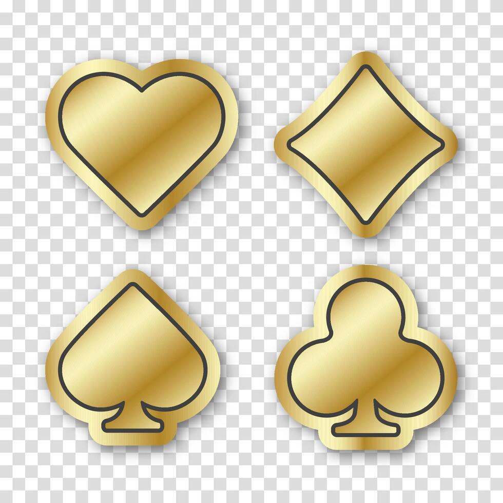 Set collection of golden gambling symbols with playing card suits, chips, and tokens. Hearts, clubs, diamonds, and spades for poker or casino themes. vector
