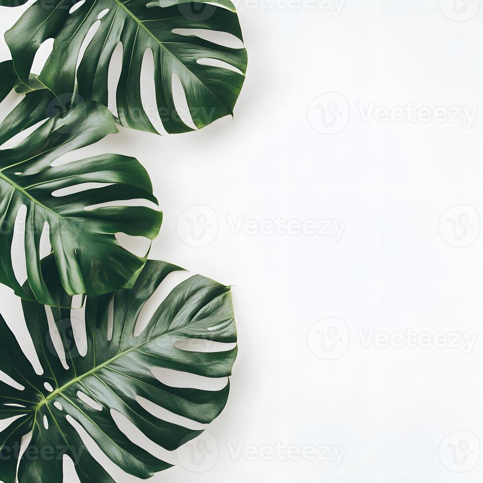 Monstera leaves on white background. Flat lay, top view, copy space. Creative layout made of monstera leaves on white background. Flat lay, top view minimal summer tropical concept. photo