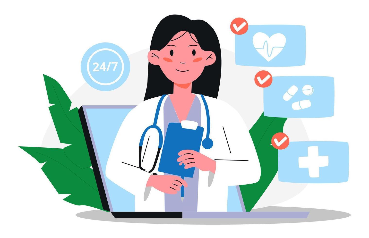 Online Medical Consultation with Female Doctor. vector