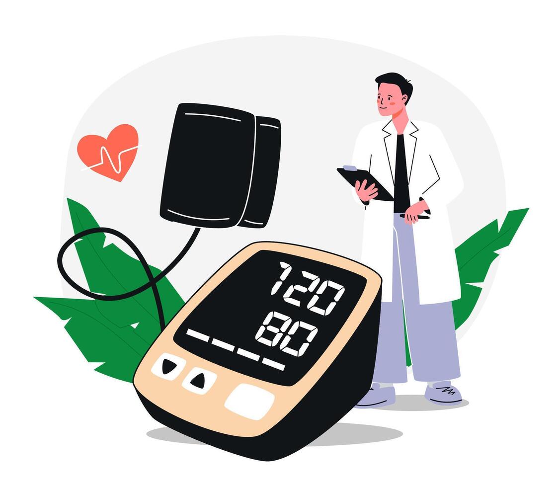 Doctor Measures Blood Pressure on Tonometer. vector