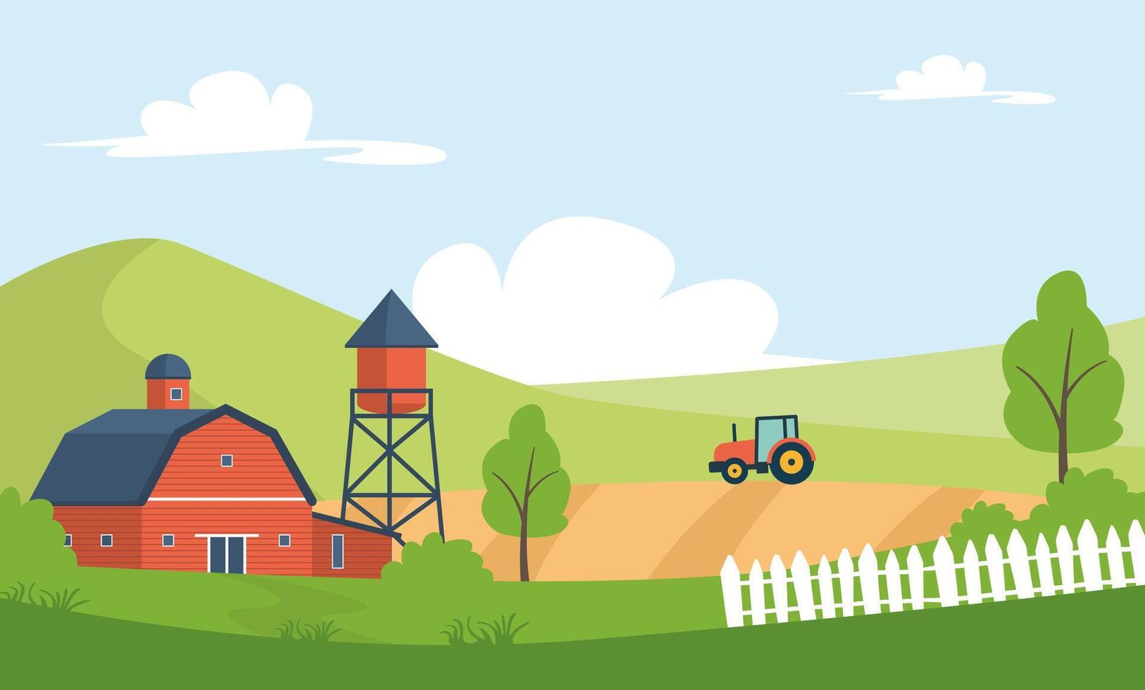 Rural Farm Landscape with Barn and Tractor. vector