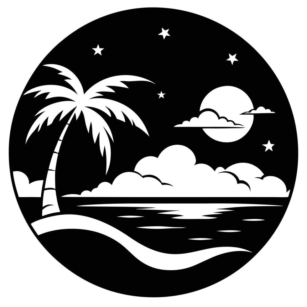 Minimalist Black and White Circular Silhouette of a Tropical Beach vector