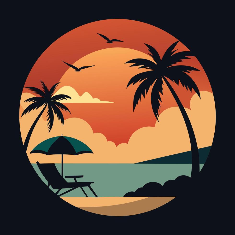 Exotic Island Sunset Silhouette Featuring Palm Trees and Ocean Waves vector