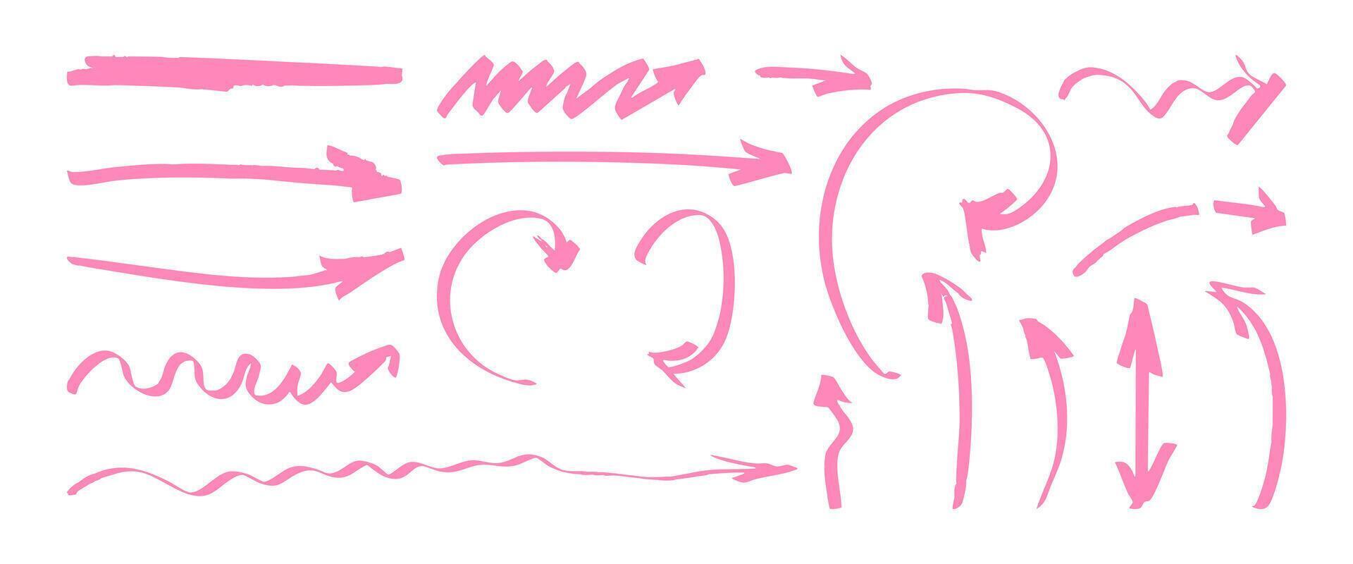 A set of pink arrows with varying thicknesses and styles. The arrows are scattered across the image, with some pointing upwards and others pointing downwards. Scene is playful and whimsical vector