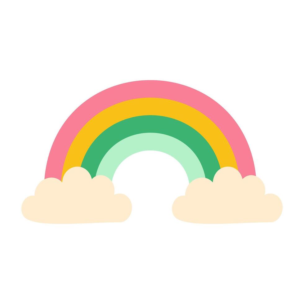 A rainbow with clouds in the background. The rainbow is bright and colorful, and the clouds are fluffy and white. Scene is cheerful and uplifting vector