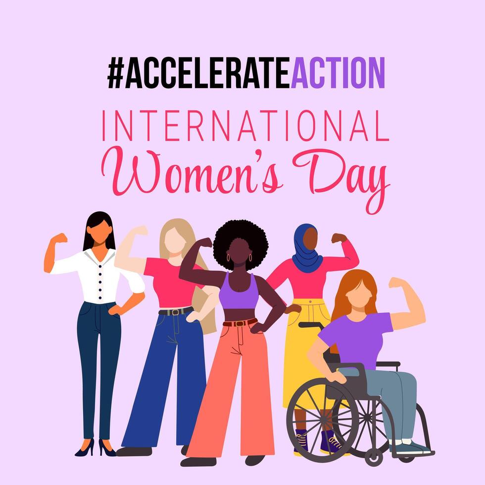 A poster for International Women's Day featuring a group of women with a slogan that reads accelerate action vector
