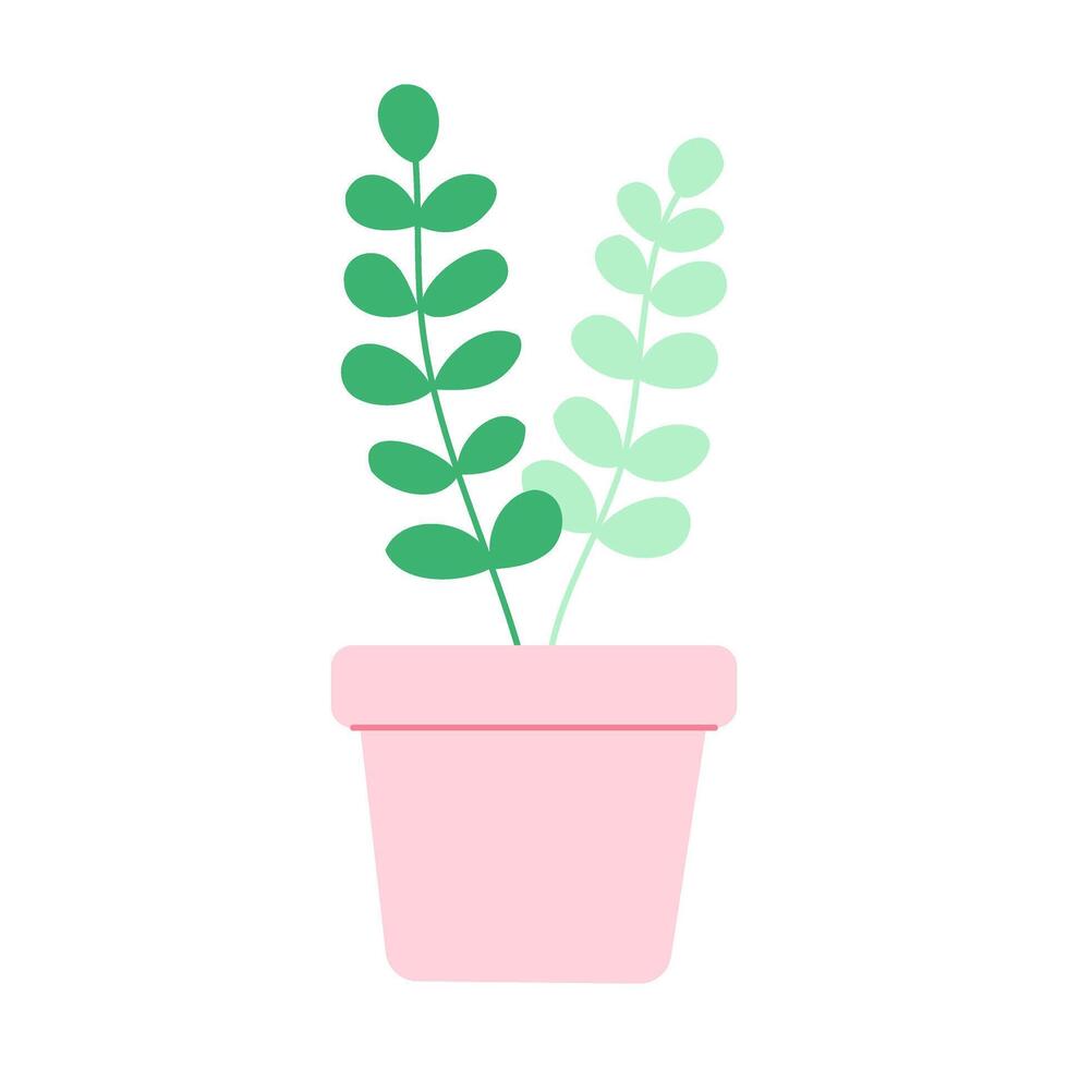 A cartoonish plant in a pink pot. The plant is green and has leaves. The pot is pink and has a white rim vector
