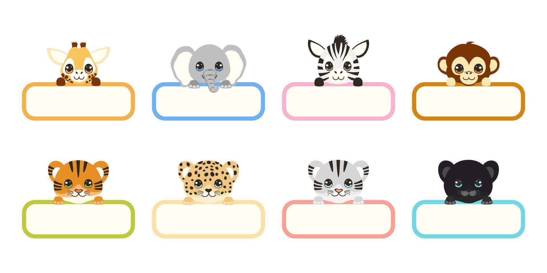 A group of cute animal faces, including a giraffe, elephant, zebra, monkey, tiger, and leopard. The faces are arranged in a row, with each one looking out from a white background vector