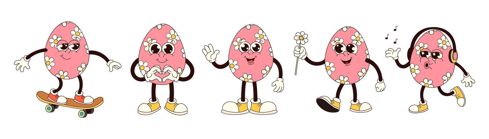 A cartoon of a pink egg with a skateboard and a flower. The cartoon is of five different poses vector