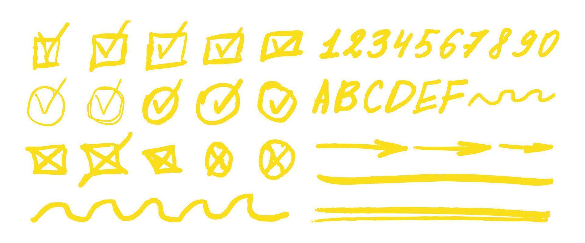 A set of yellow check marks, numbers, and letters. The check marks are in various sizes and shapes, and the numbers and letters are also in different sizes and shapes. Scene is playful and creative vector