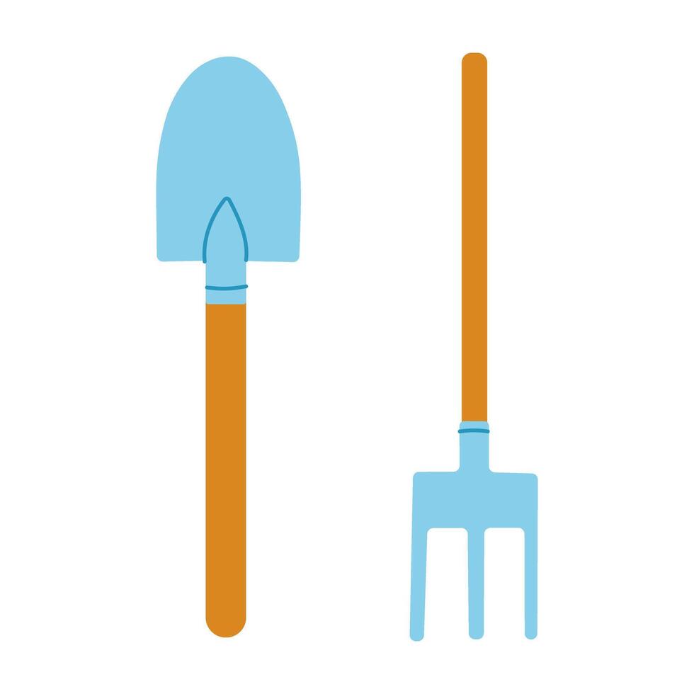 A blue shovel and a wooden fork are shown side by side. The shovel is blue and has a wooden handle vector
