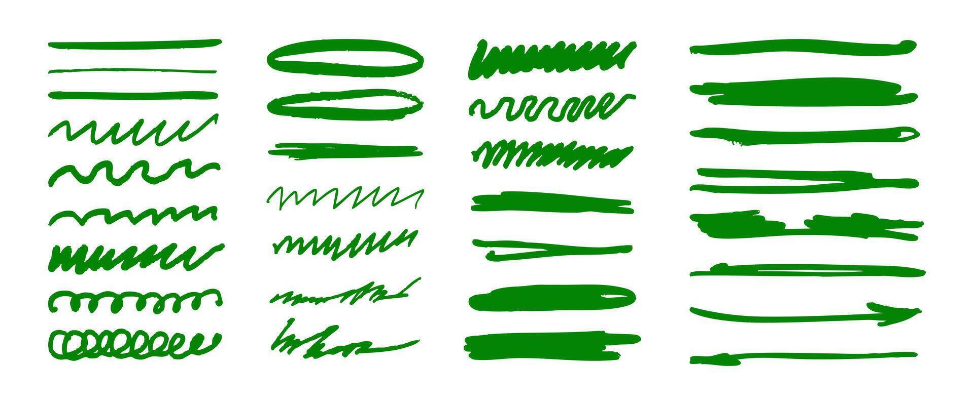 A set of green brush strokes that are used for drawing. The strokes are all different sizes and shapes, and they create a sense of movement and energy. The brush strokes are arranged in a row vector