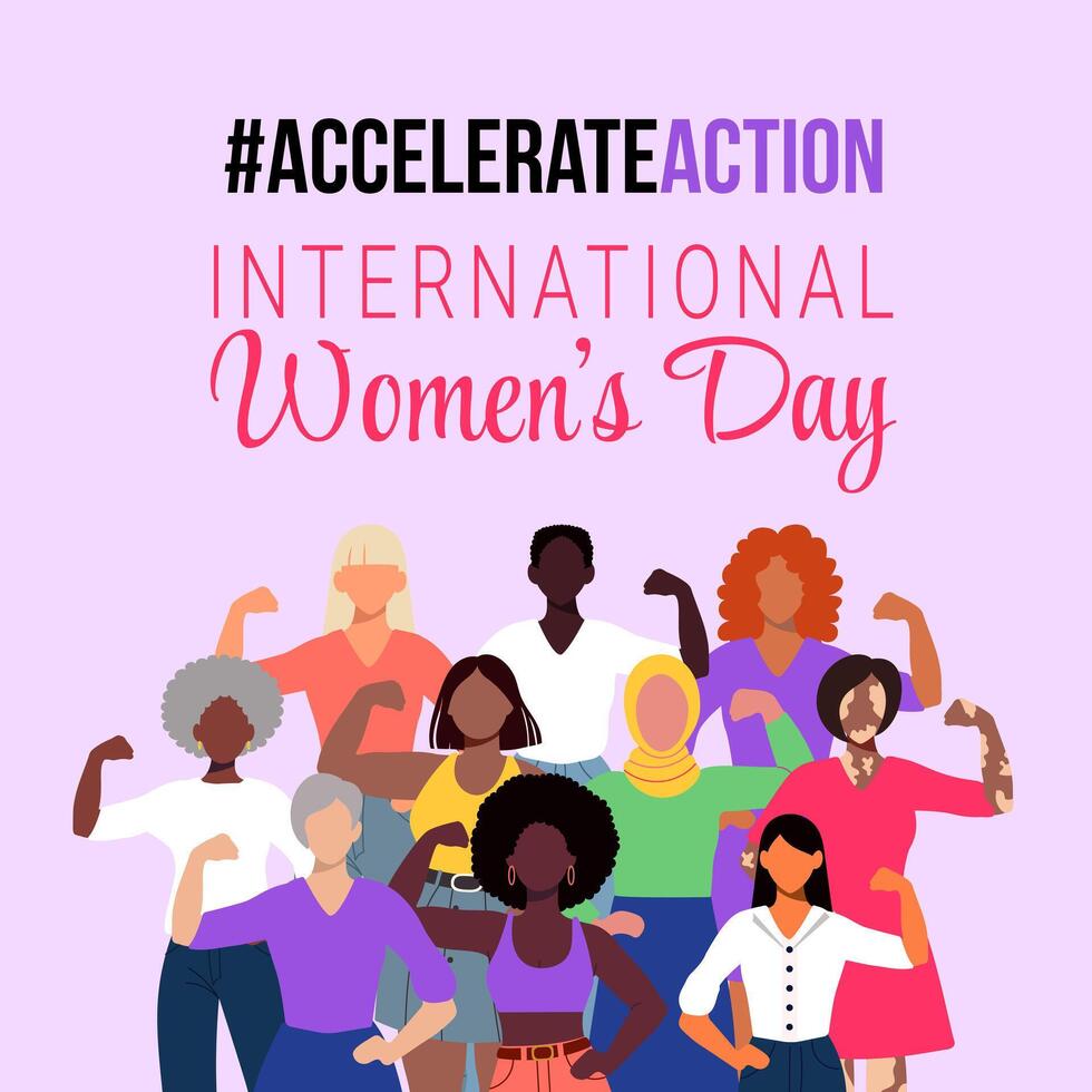 A poster for International Women's Day featuring a group of people with Accelerate Action vector