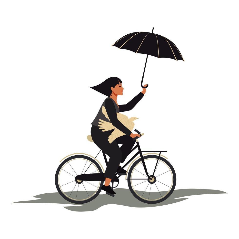 A young stylish woman rides a bicycle, holding an umbrella against adversity in one hand, and a bird of peace near her heart. vector