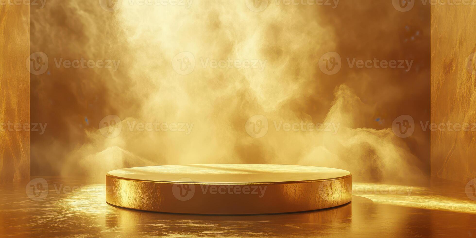 Golden stage illuminated by mist in an ethereal atmosphere during a theatrical performance at dusk photo