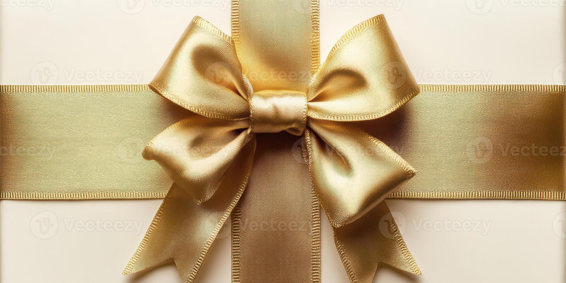 Elegant gift wrapped in cream-colored paper with a shiny gold bow showcased against a neutral background photo