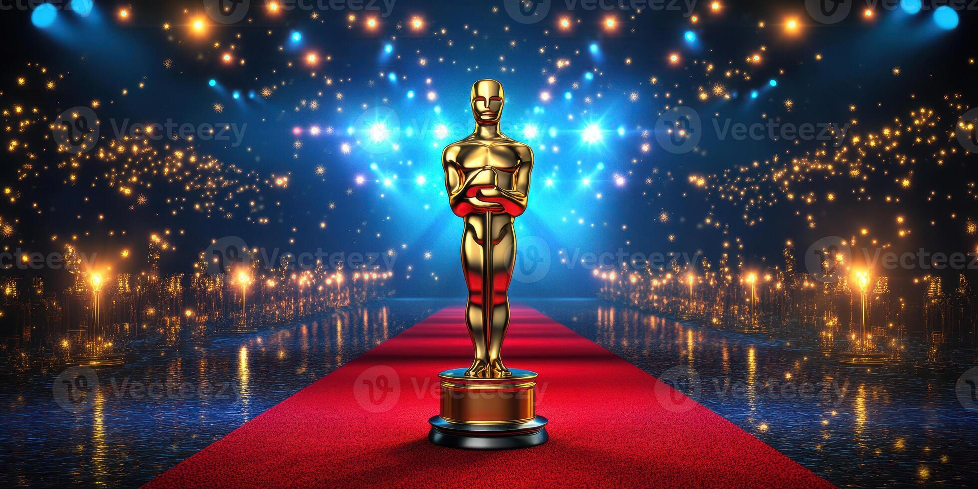 Golden award statue on red carpet surrounded by bright lights and a festive atmosphere at an annual awards ceremony photo