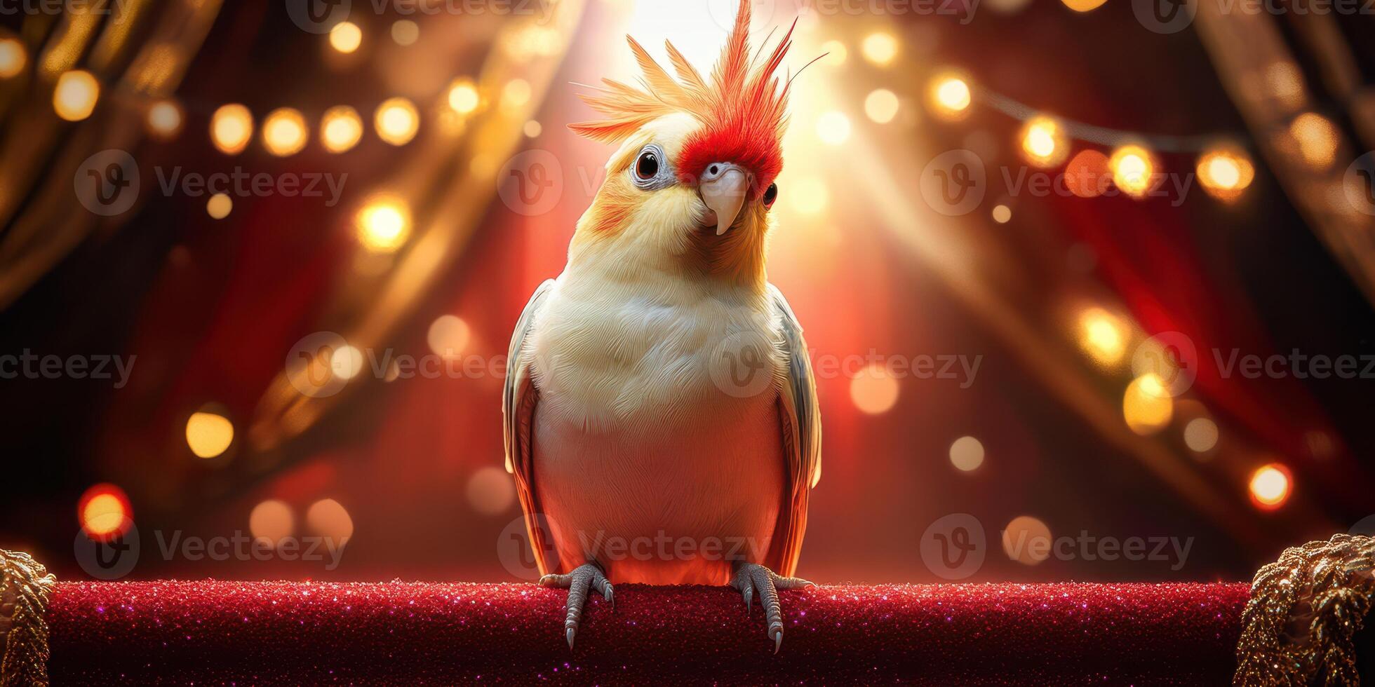 Colorful bird perched on a velvet stage with dramatic lighting in a theatrical setting photo
