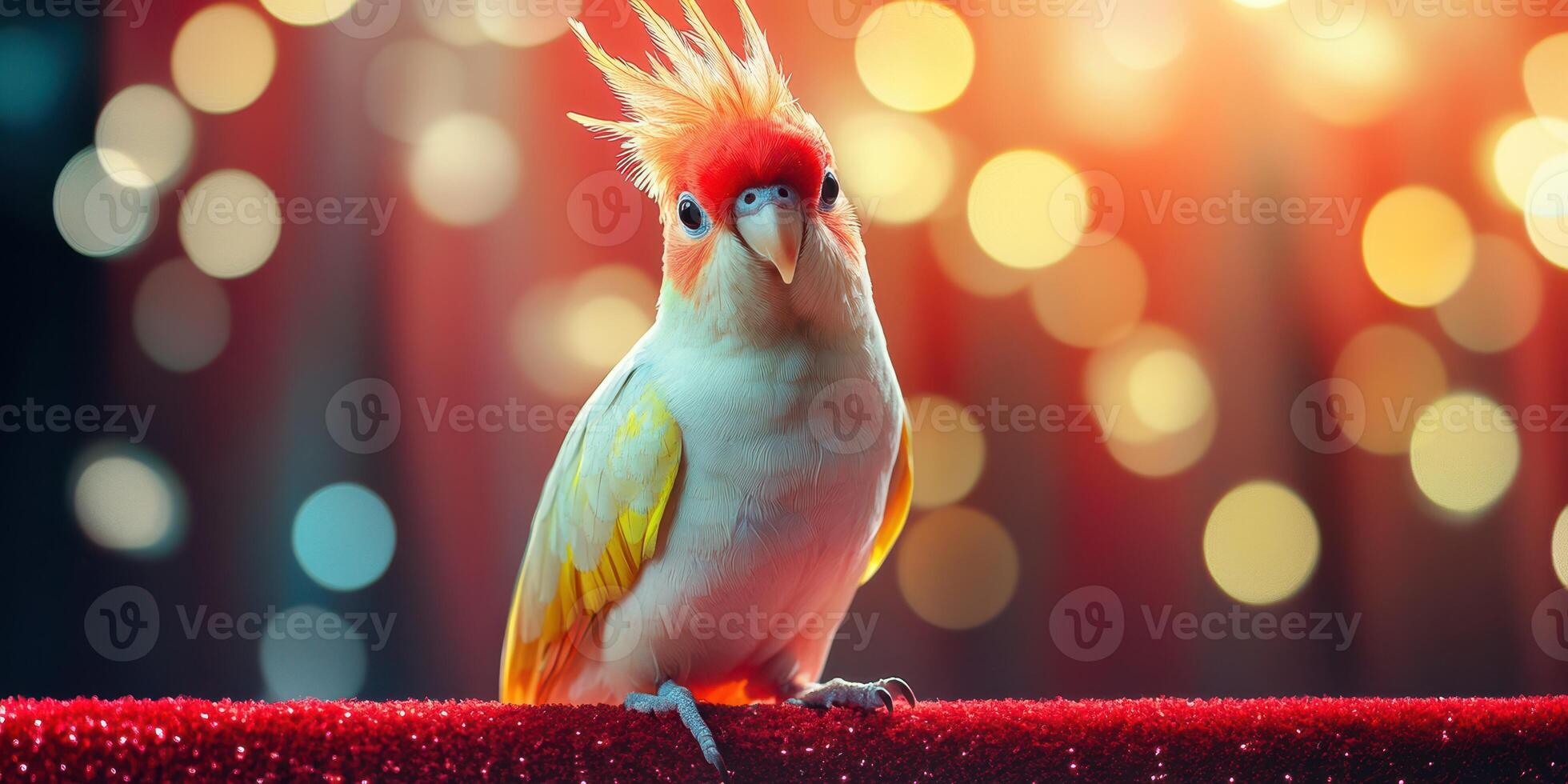 Brightly colored bird with striking feathers perched against a sparkling background in a cozy indoor setting photo