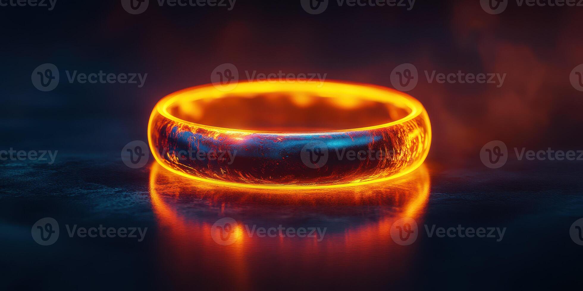 Mystical glowing ring rests on dark surface, emanating fiery aura in enchanted fantasy setting photo