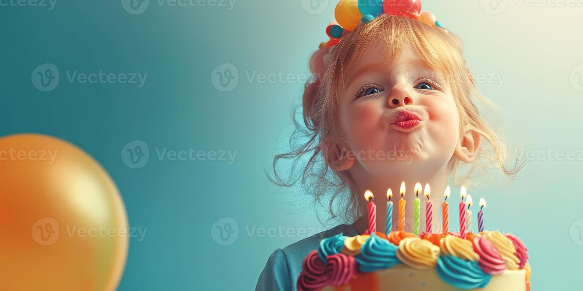 Young child celebrates birthday with cake and balloons while preparing to blow out candles in colorful party setting photo