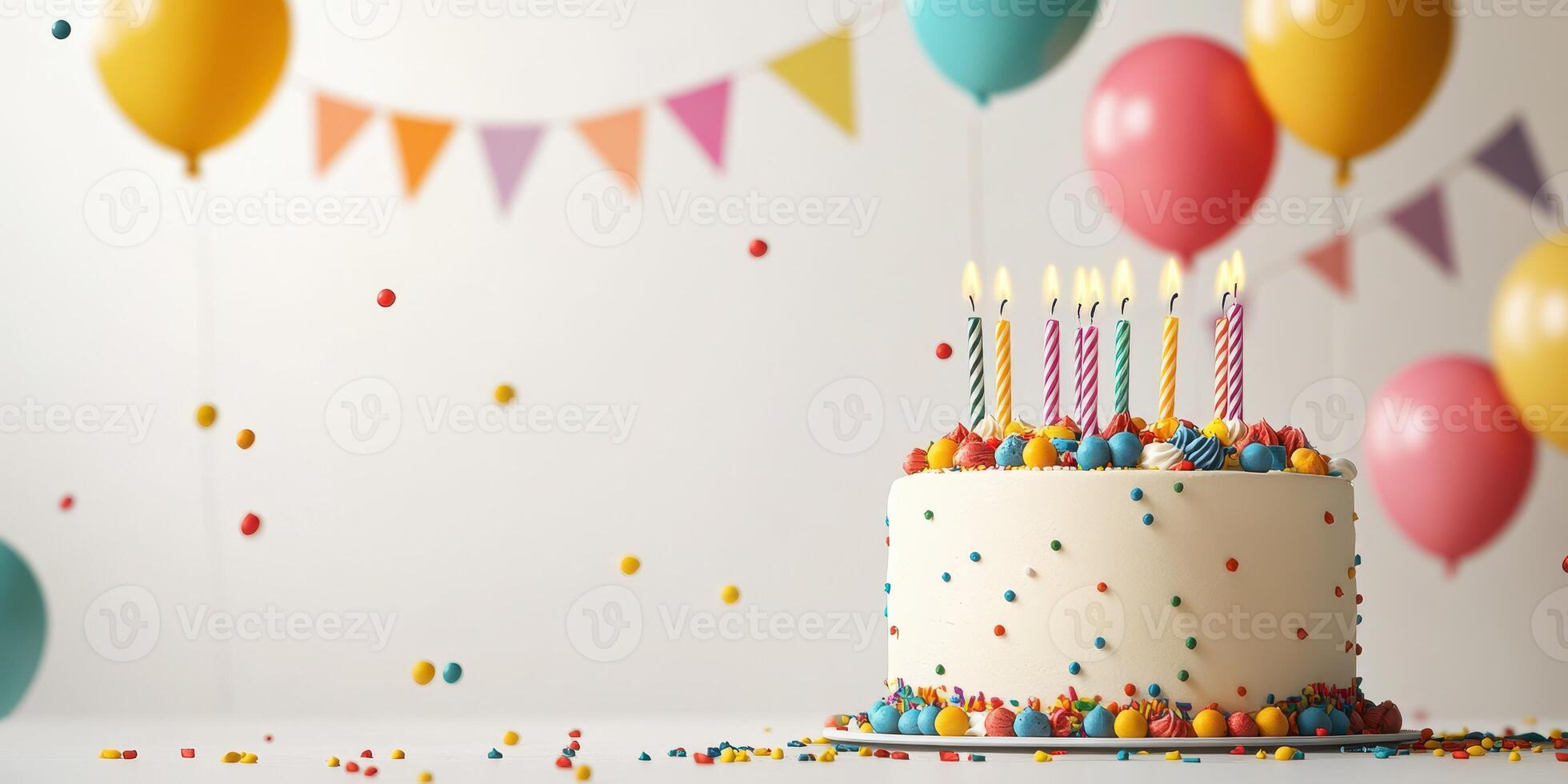 Joyful birthday celebration with colorful cake and balloons in a decorated indoor space photo
