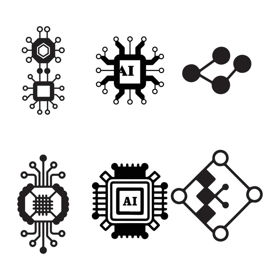 AI Chip Icon Set Line and Glyph AI Processor Microchip Icons for Artificial Intelligence Designs vector