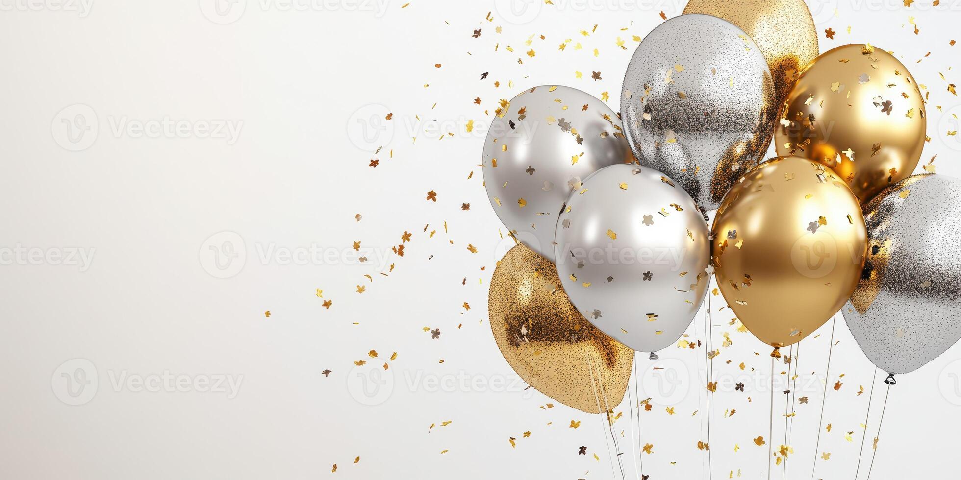 Festive celebration with shiny gold, silver, and glitter balloons adorned with confetti on a light backdrop photo