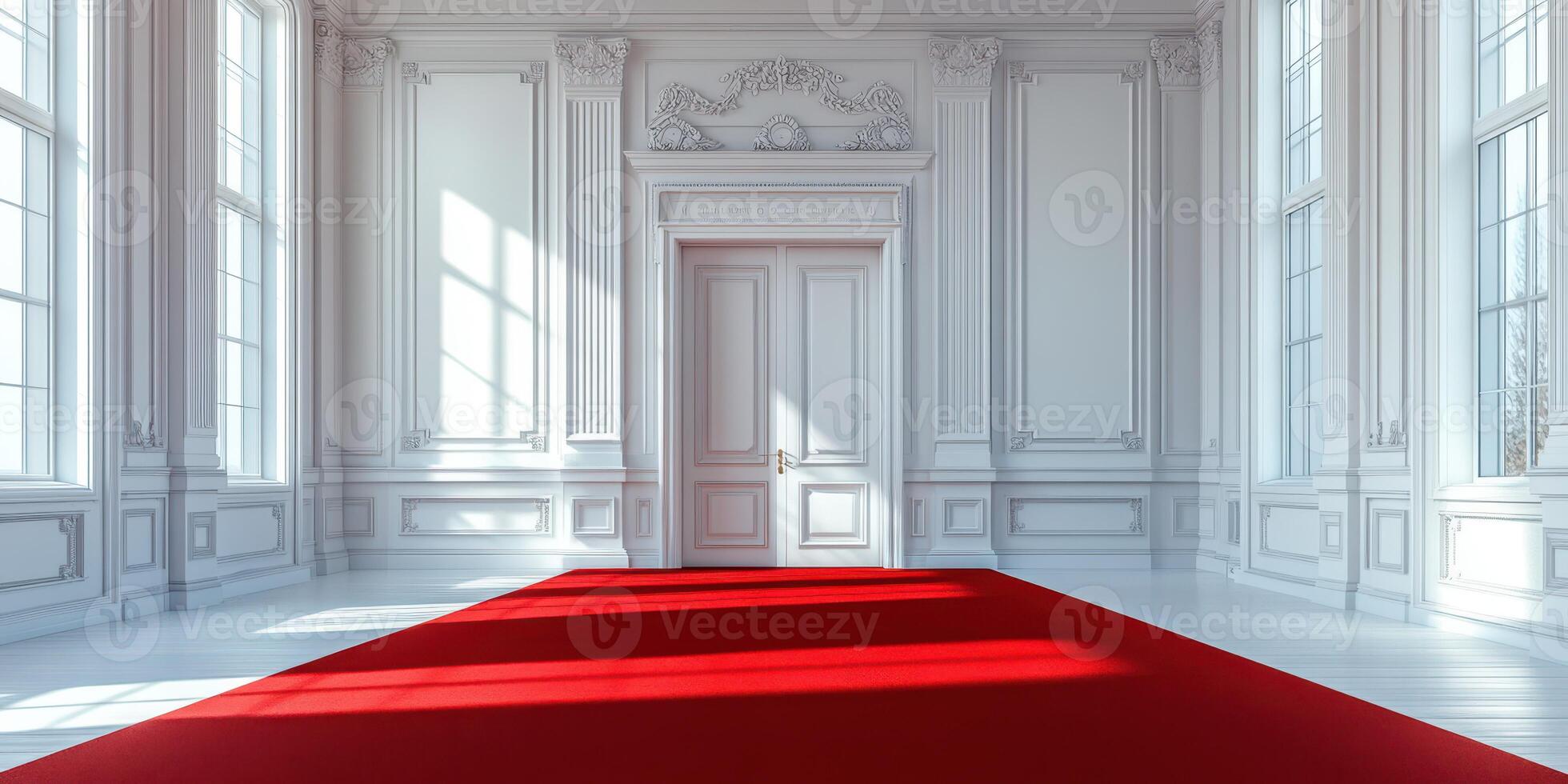 Elegant interior with white walls and a red carpet leading to a closed door in a well-lit room during daytime photo