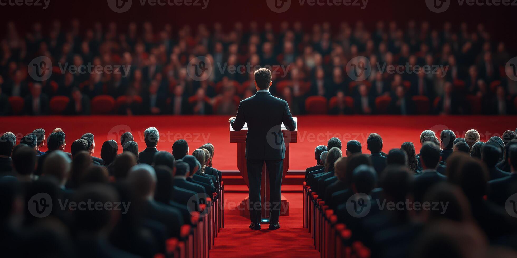 Public speaking engagement in a formal setting with an audience applauding a speaker photo