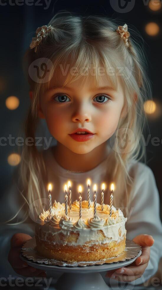 Sweet birthday celebration with a smiling child and cake in a cozy atmosphere photo