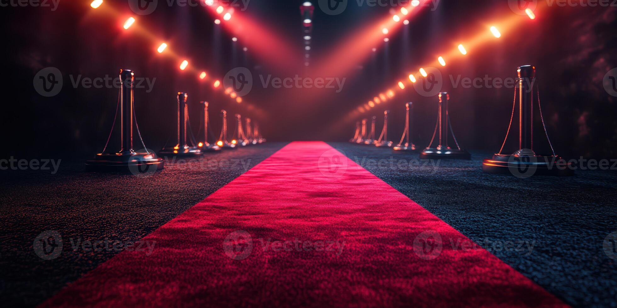 Luxurious red carpet entrance illuminated by studio lights in an elegant venue designed for a gala event photo