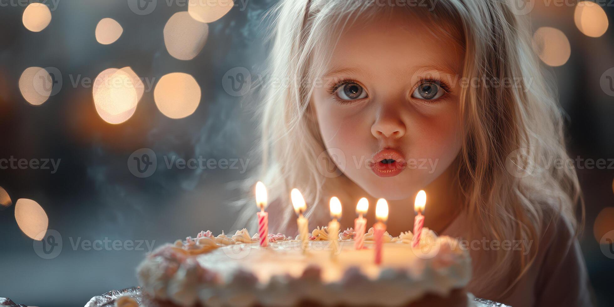 Little girl makes a wish while blowing out candles on her birthday cake in a festive setting with soft lighting photo
