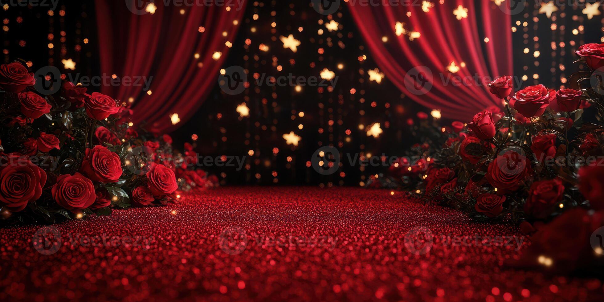 Elegant red carpet event with roses and sparkling lights at night photo