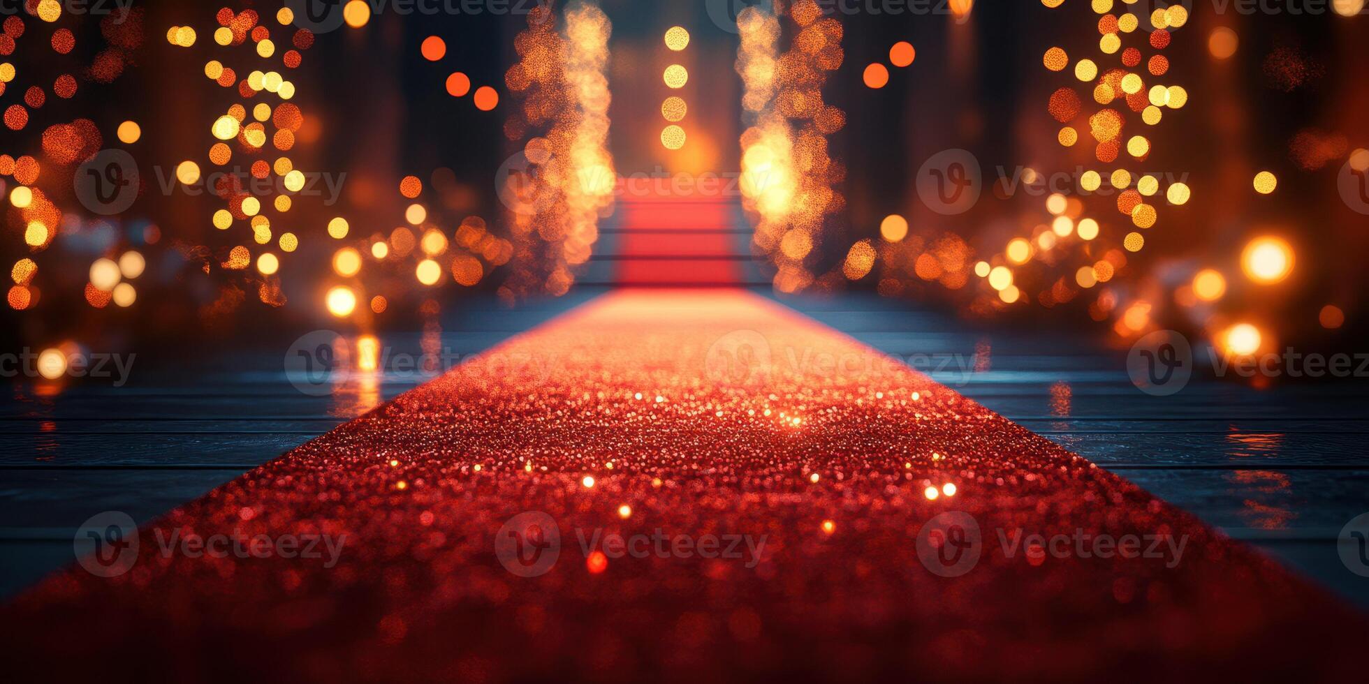Red carpet lined with lights and sparkles for a glamorous event at night photo